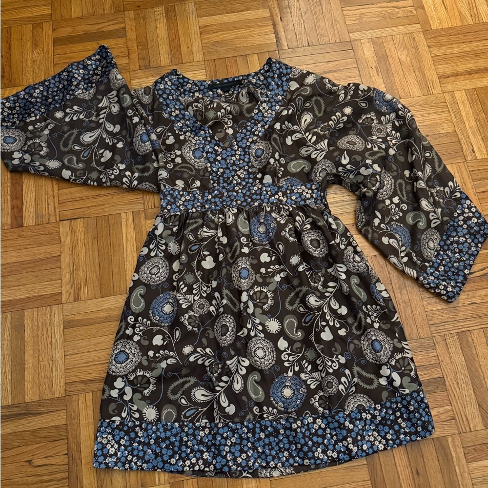 Express Brown and White 100% silk dress with Bell Sleeves